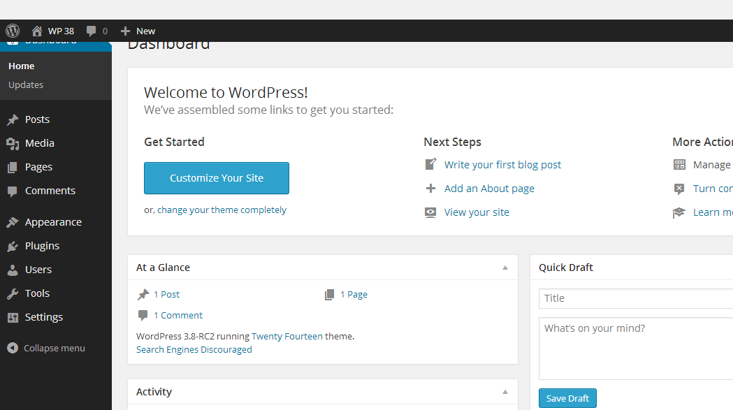 Dashboard ‹ WP 38 — WordPress